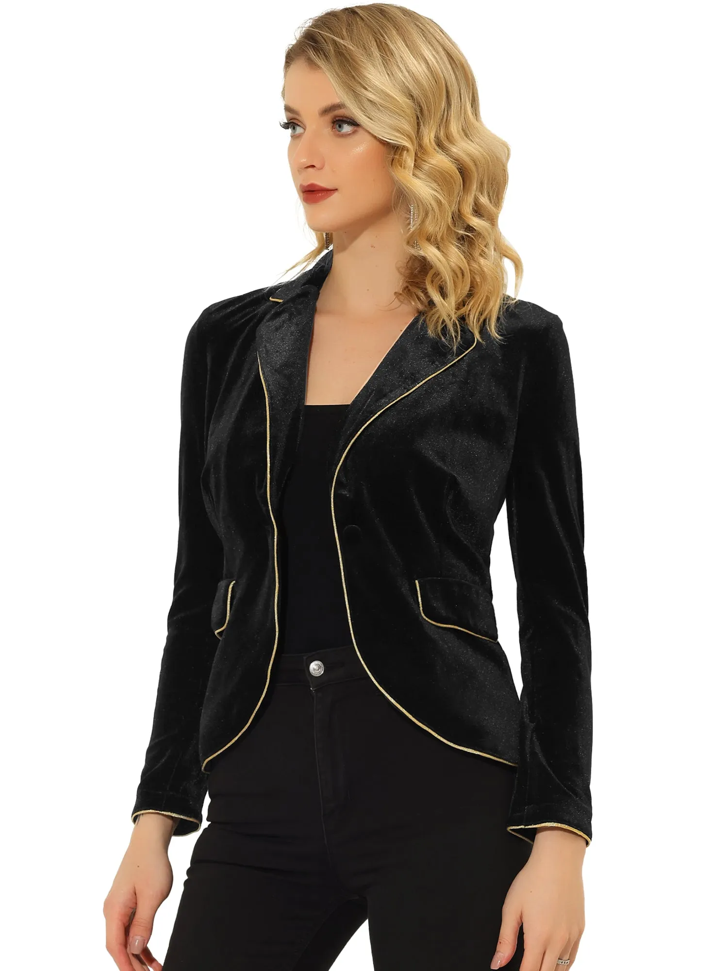 Suit Jacket Notched Lapel 1 Button Office Velvet Blazer sold by Allegra K product image thumbnail 5