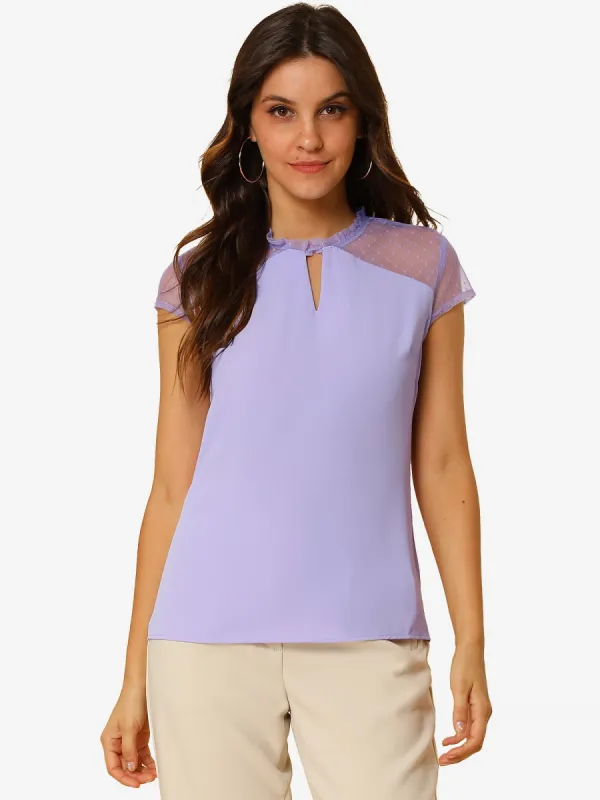 Summer Keyhole Neck Ruffle Mesh Sheer Lace Panel Elegant Blouse Top sold by Allegra K