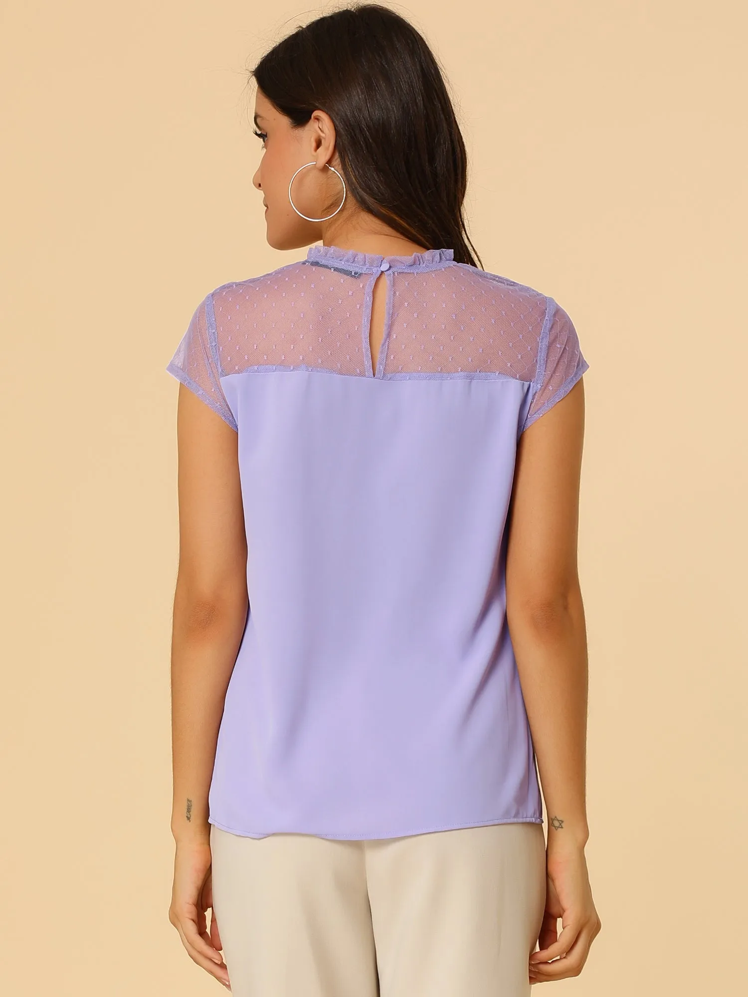 Summer Keyhole Neck Ruffle Mesh Sheer Lace Panel Elegant Blouse Top sold by Allegra K product image thumbnail 5