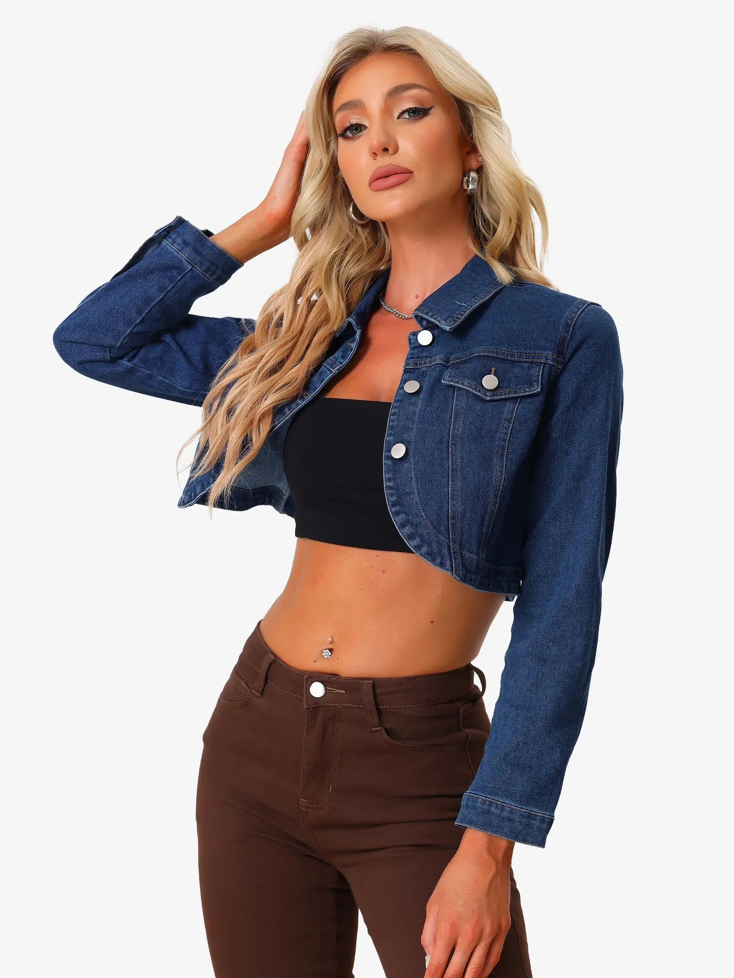 Collared Button Down Long Sleeve Denim Crop Jean Jacket sold by Allegra K