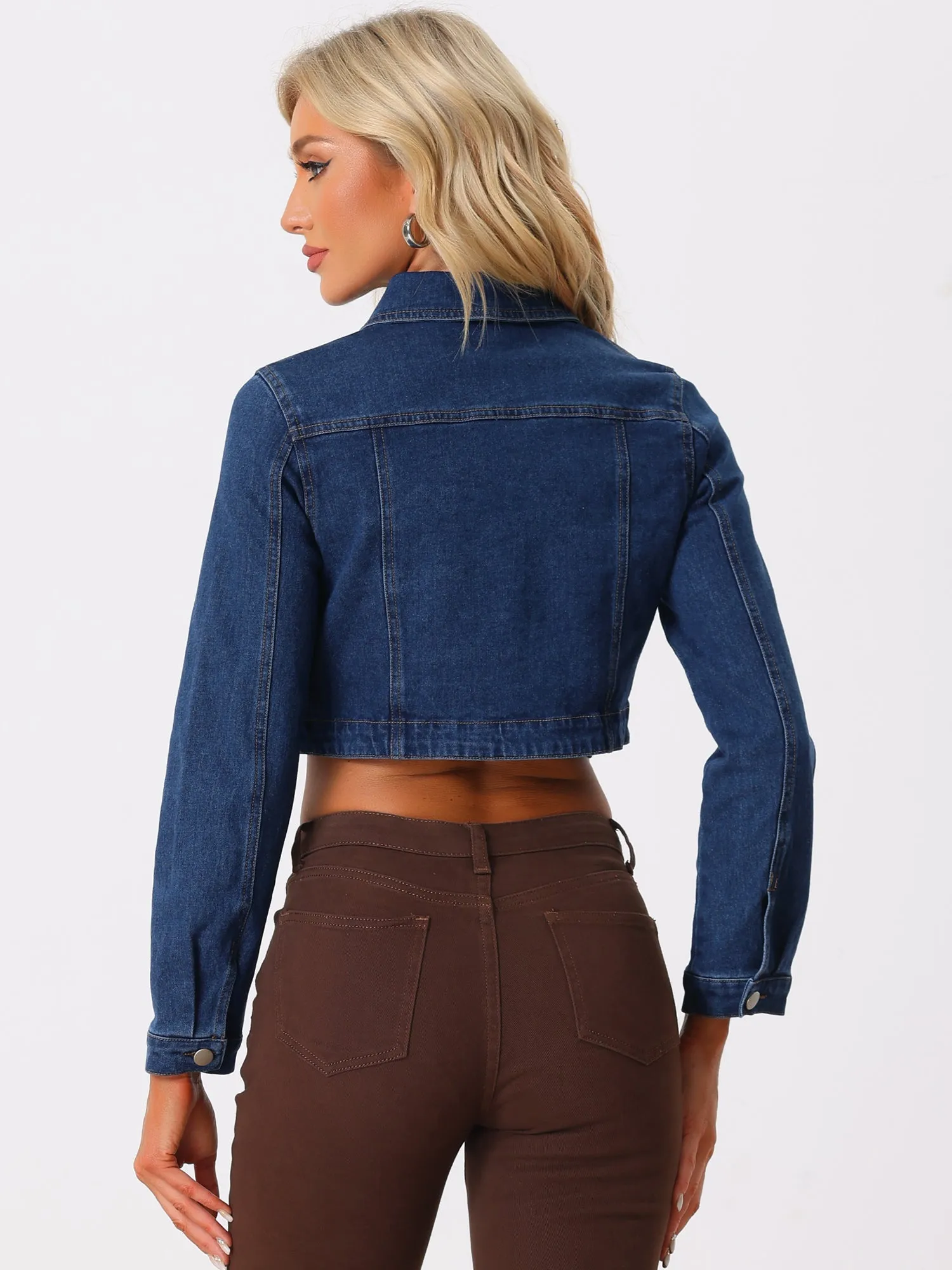 Collared Button Down Long Sleeve Denim Crop Jean Jacket sold by Allegra K product image thumbnail 3