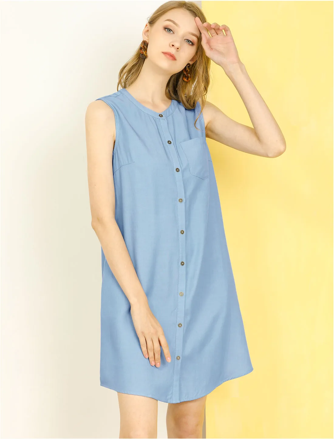Button Up Shirtdress Sleeveless Tunic Denim Chambray Dress Sundress sold by Allegra K product image thumbnail 5