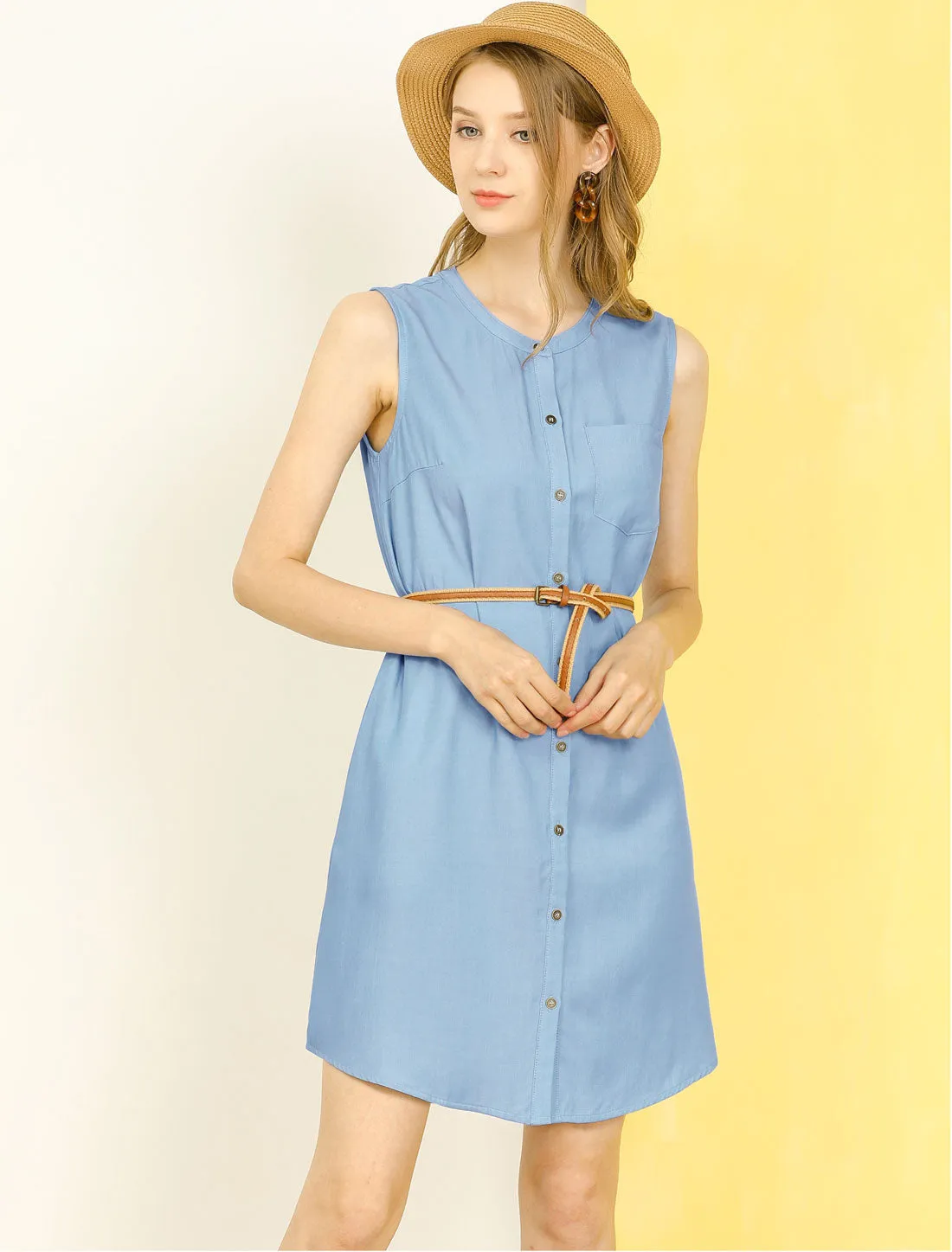 Button Up Shirtdress Sleeveless Tunic Denim Chambray Dress Sundress sold by Allegra K product image thumbnail 3