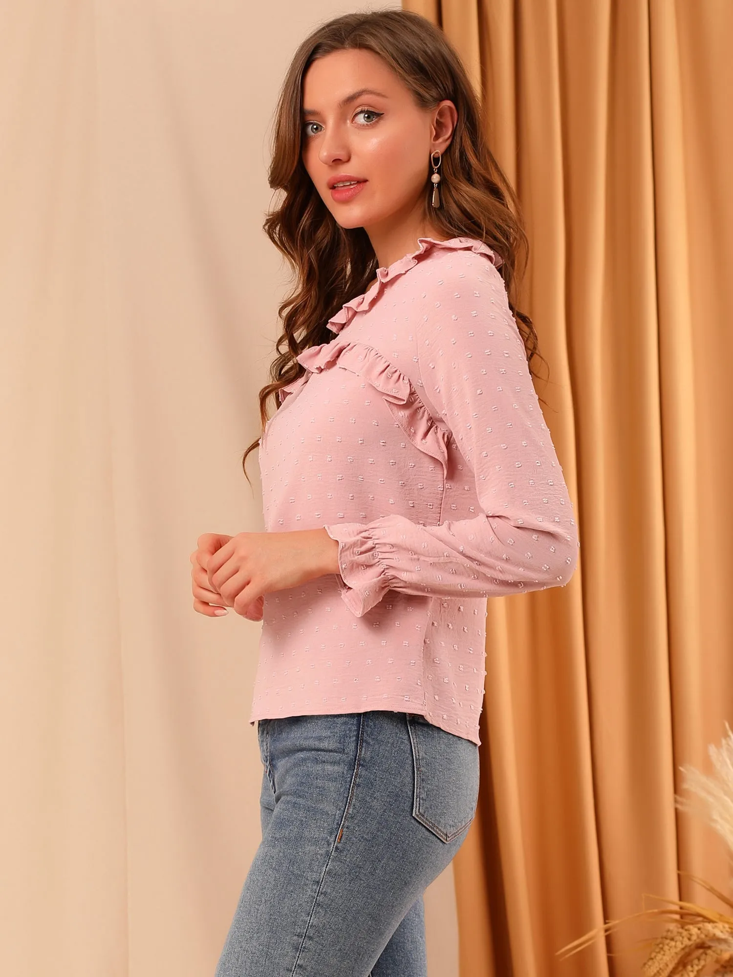 Ruffle Neck Swiss Dots Puff Long Sleeve Blouse Top sold by Allegra K product image thumbnail 4