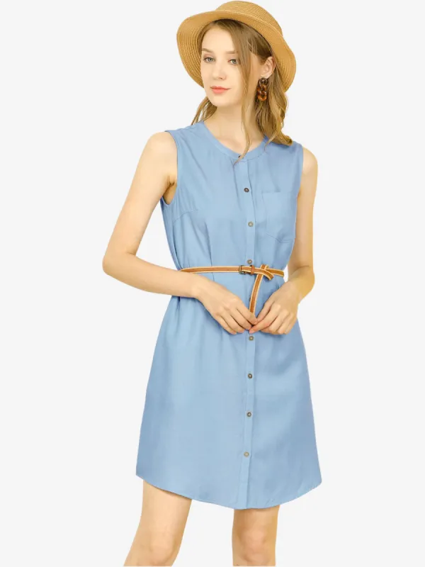 Button Up Shirtdress Sleeveless Tunic Denim Chambray Dress Sundress sold by Allegra K