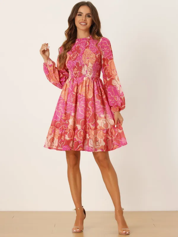 Smocked Ruffle Neck Long Sleeve Floral Shirred Chiffon Mini Dress sold by Allegra K