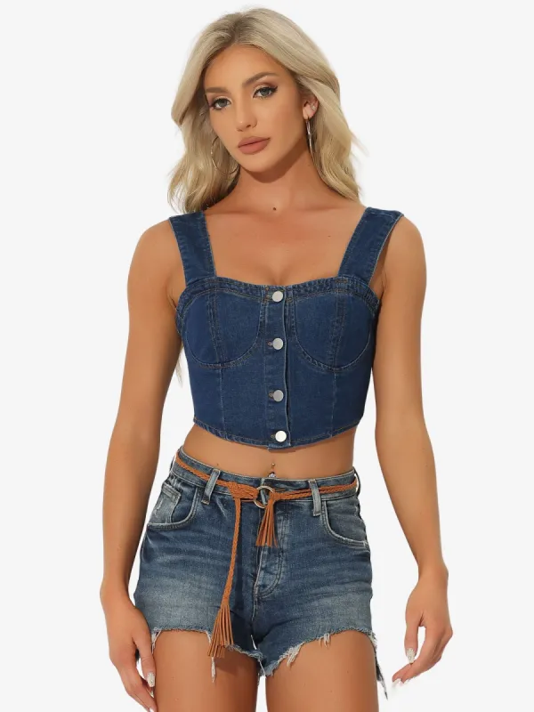 Button Down Sleeveless Bustier Jean Cropped Denim Corset Tops sold by Allegra K