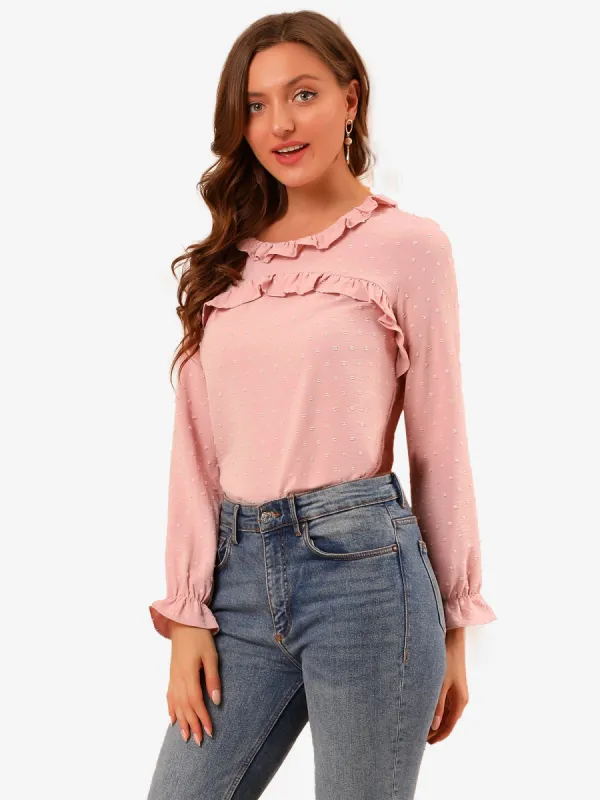 Ruffle Neck Swiss Dots Puff Long Sleeve Blouse Top sold by Allegra K