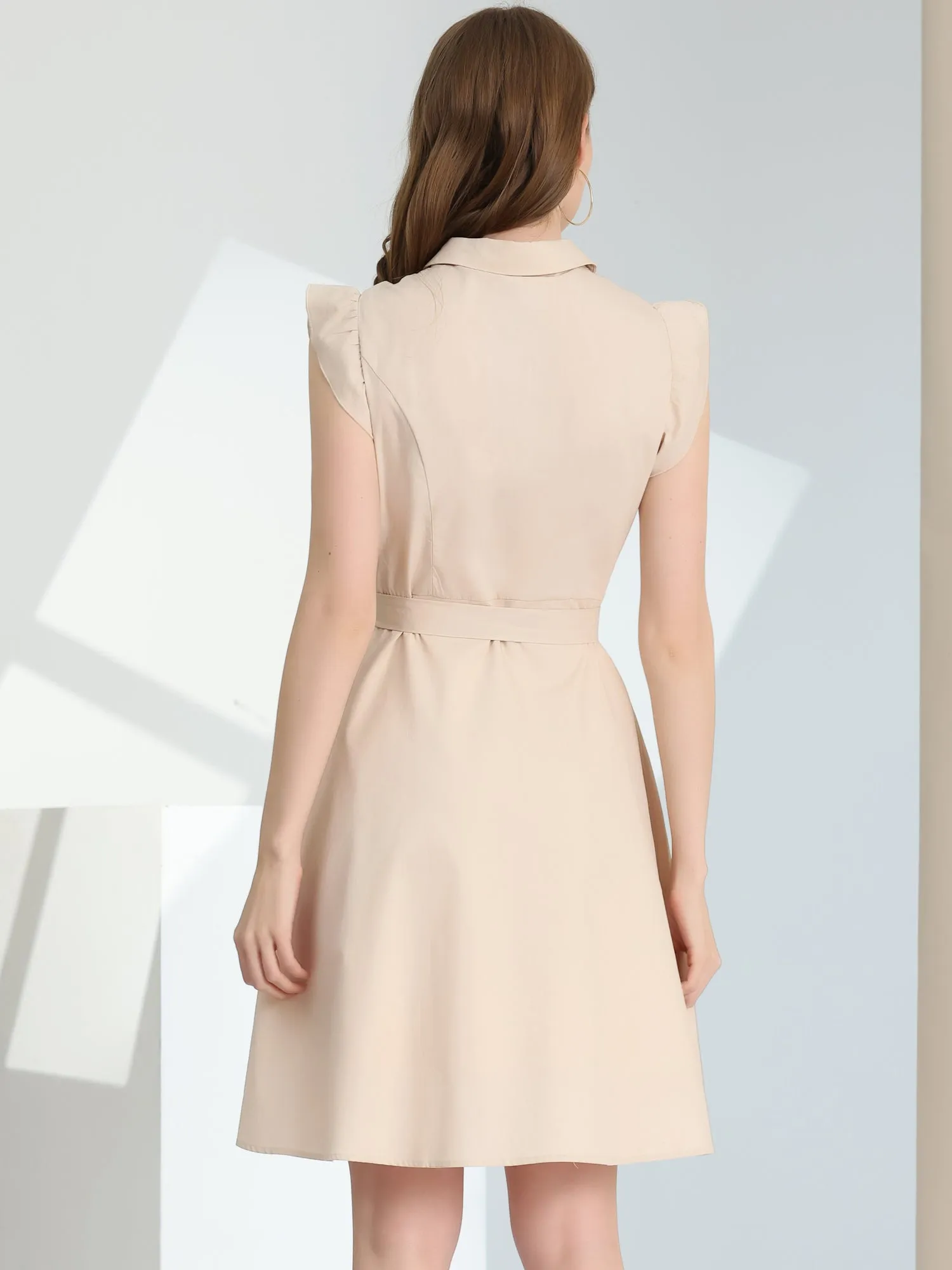 Office Ruffled Sleeve Belted Cotton Button Midi Shirt Dress sold by Allegra K product image thumbnail 3