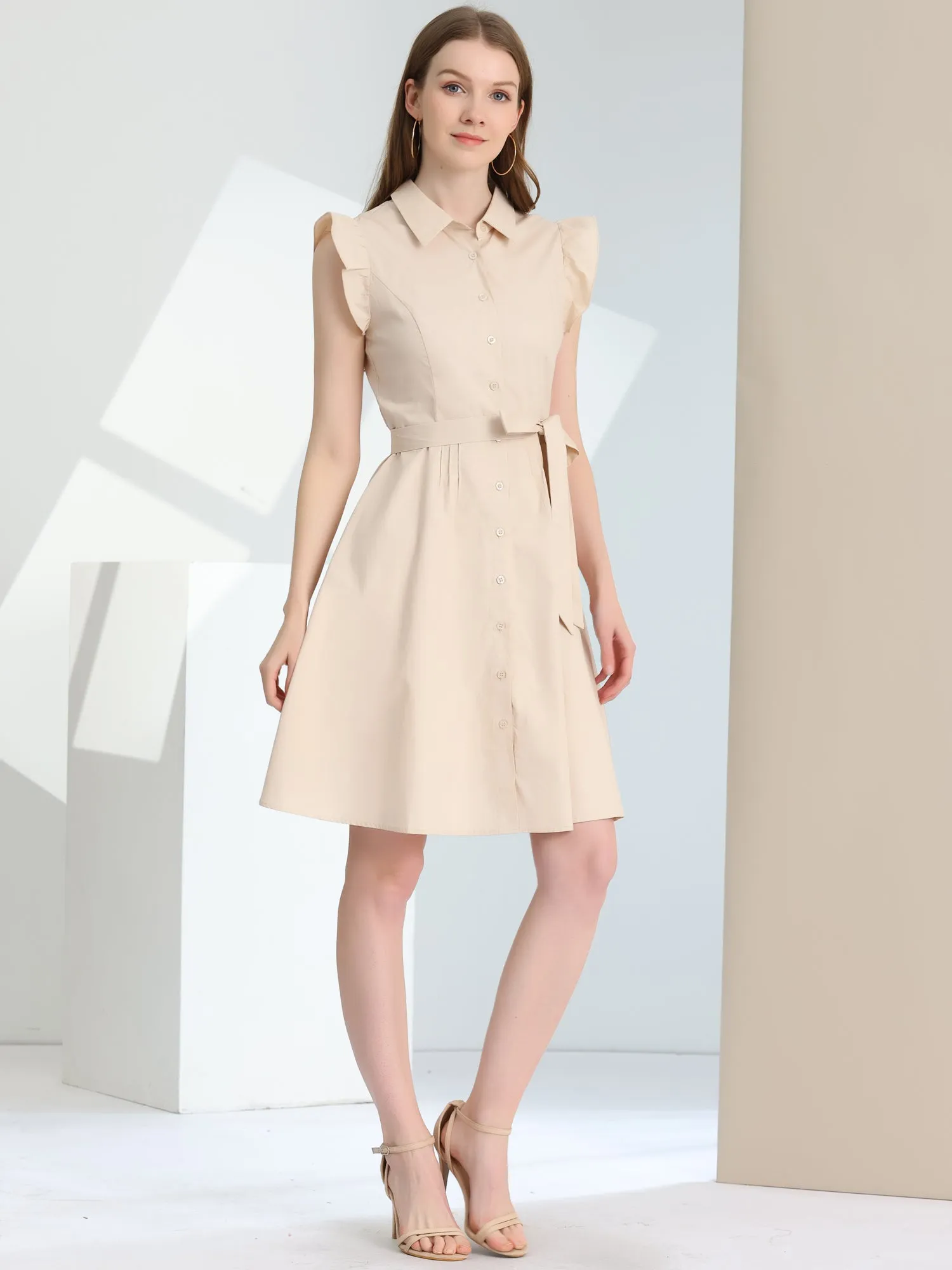 Office Ruffled Sleeve Belted Cotton Button Midi Shirt Dress sold by Allegra K product image thumbnail 2