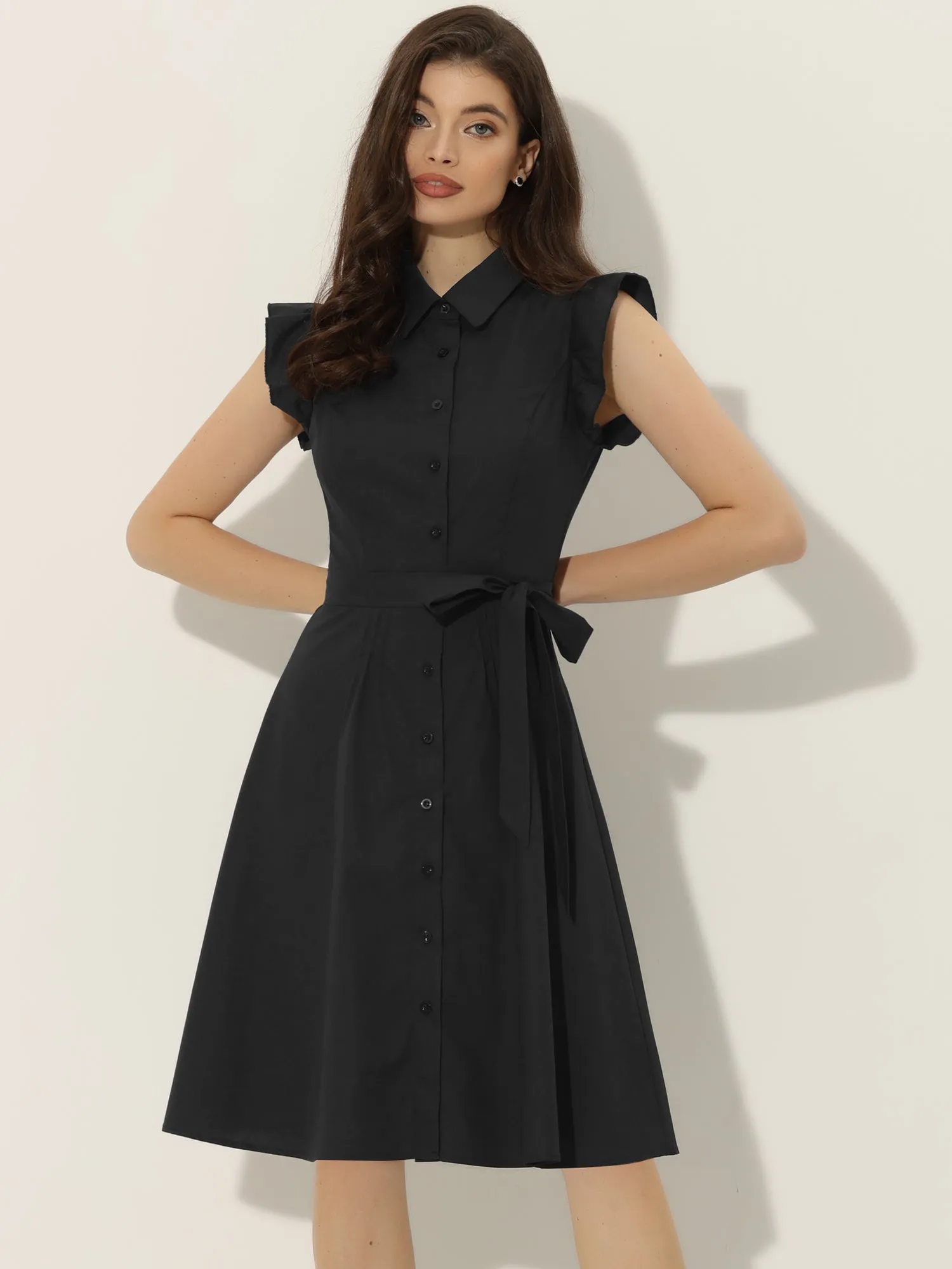 Office Ruffled Sleeve Belted Cotton Button Midi Shirt Dress sold by Allegra K product image thumbnail 5