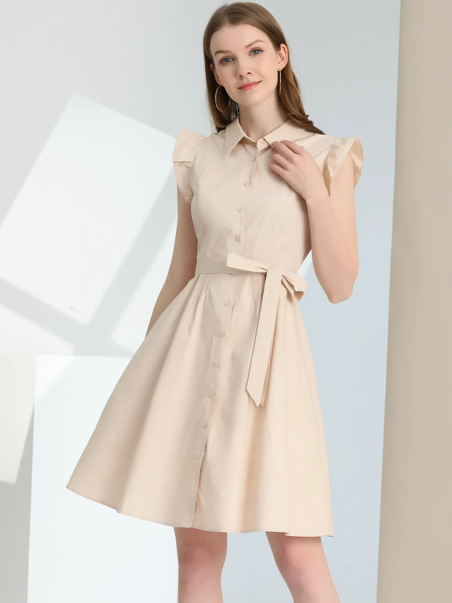Office Ruffled Sleeve Belted Cotton Button Midi Shirt Dress sold by Allegra K