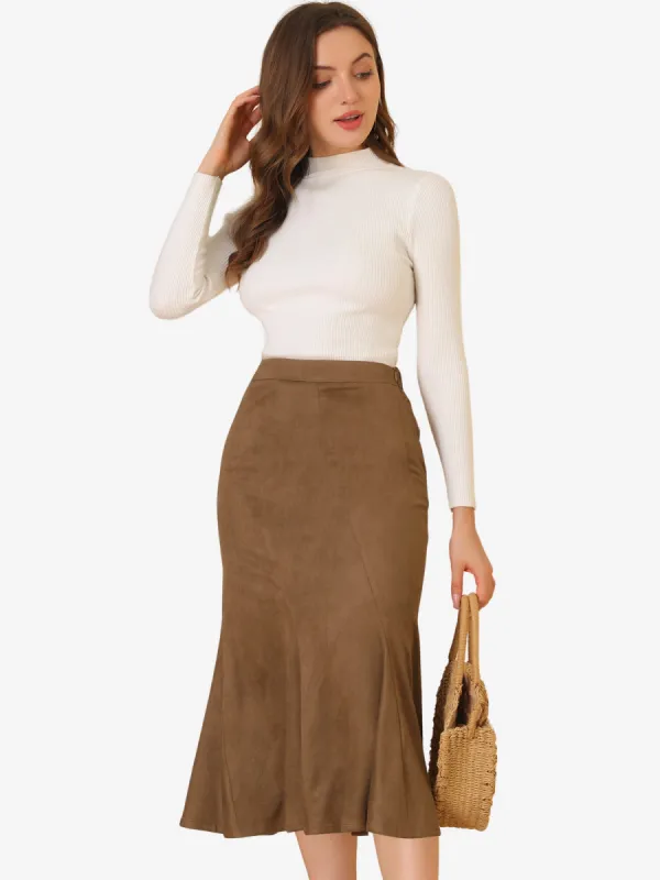 Faux Suede Elastic Back Retro Ruffle Hem Fishtail Midi Skirt sold by Allegra K