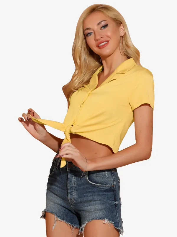 Self Tie Front Crop Top Blouse Button Down Shirt sold by Allegra K