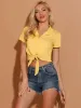 Self Tie Front Crop Top Blouse Button Down Shirt sold by Allegra K