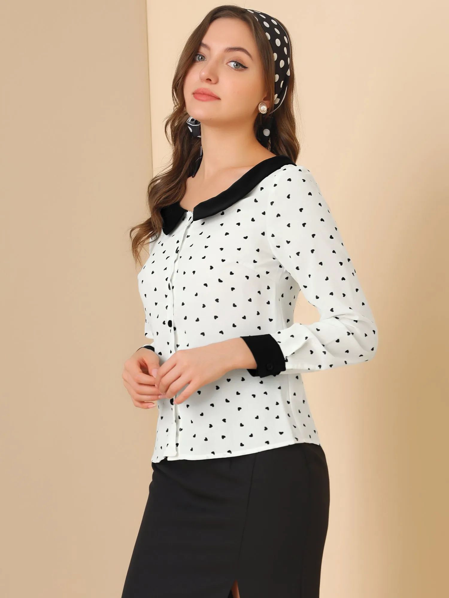 Long Sleeve Tops Heart Print Contras Boat Neck Button Up Shirt sold by Allegra K product image thumbnail 4