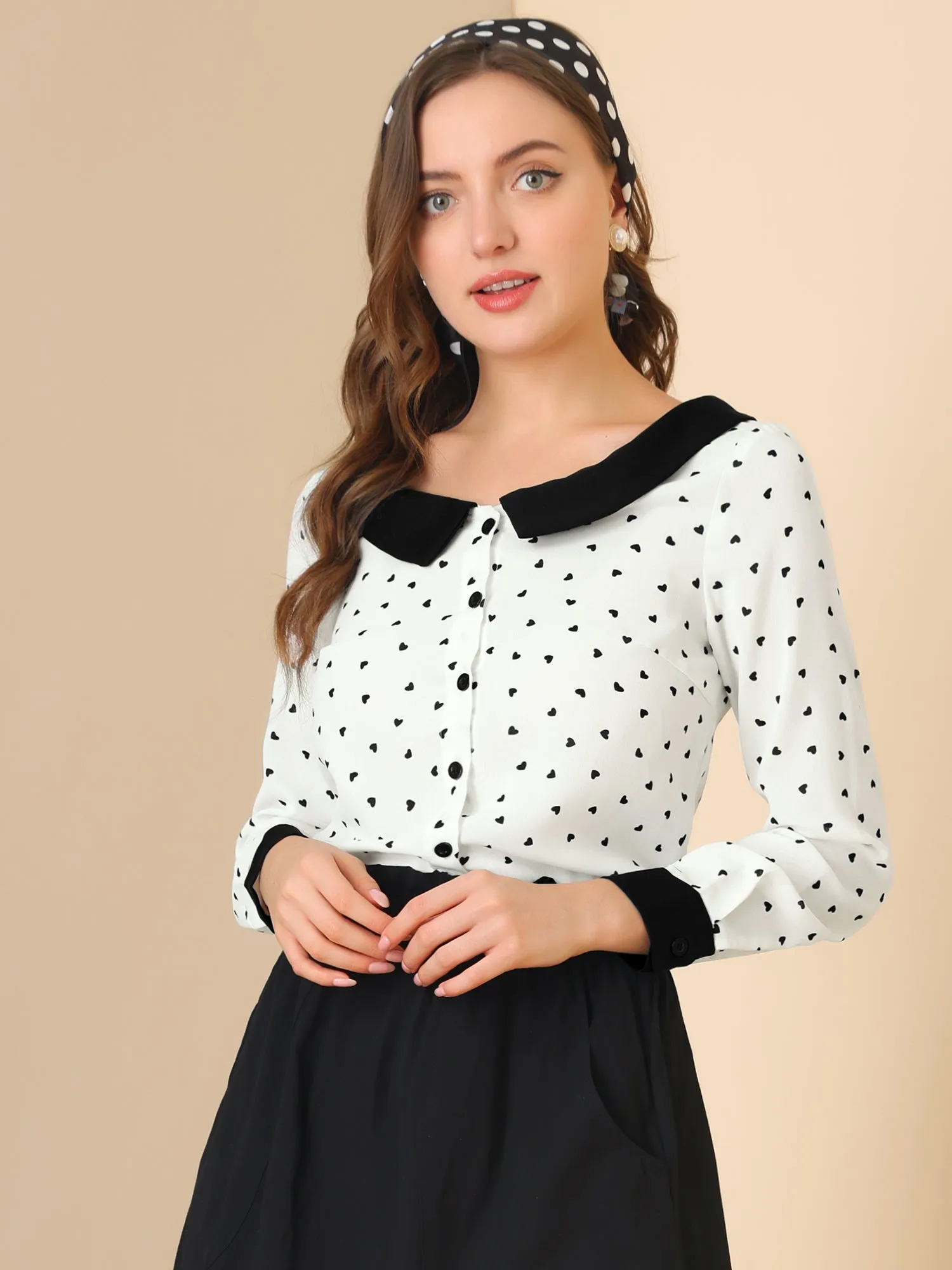 Long Sleeve Tops Heart Print Contras Boat Neck Button Up Shirt sold by Allegra K product image thumbnail 2