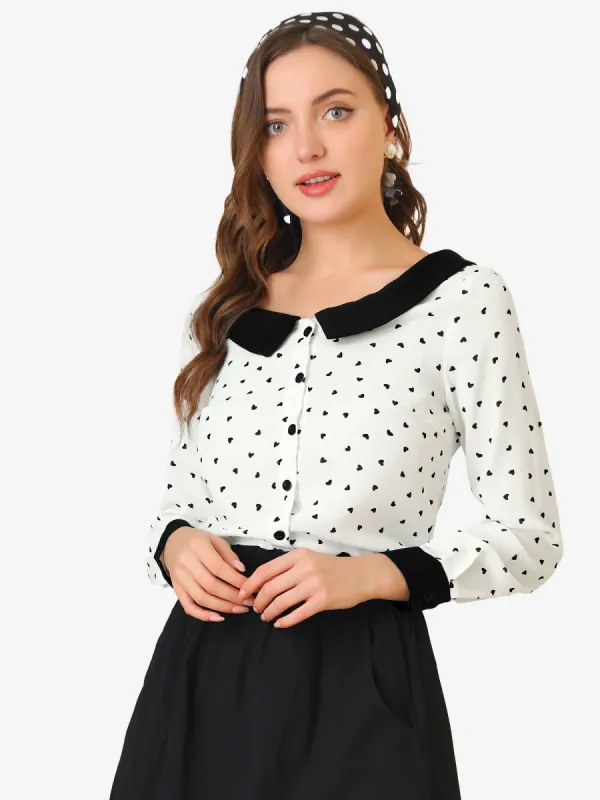 Long Sleeve Tops Heart Print Contras Boat Neck Button Up Shirt sold by Allegra K