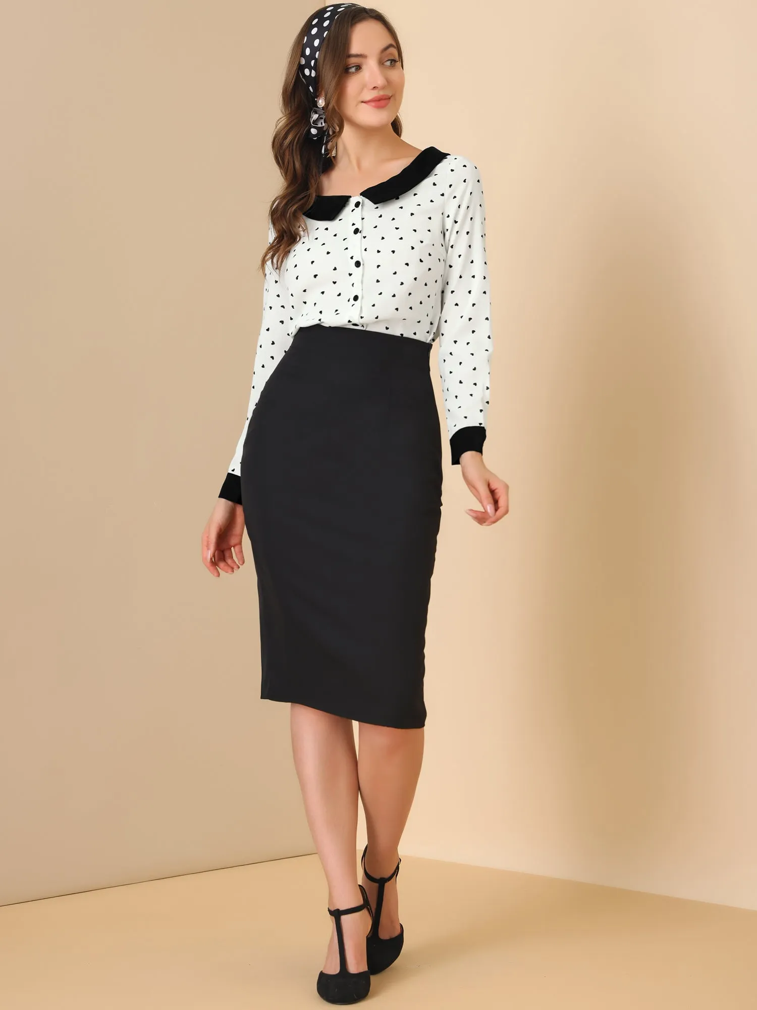 Long Sleeve Tops Heart Print Contras Boat Neck Button Up Shirt sold by Allegra K product image thumbnail 3