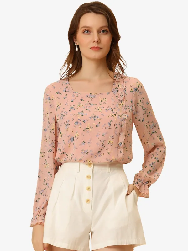 Floral Blouse Square Neck Ruffle Casual Long Sleeve Top sold by Allegra K