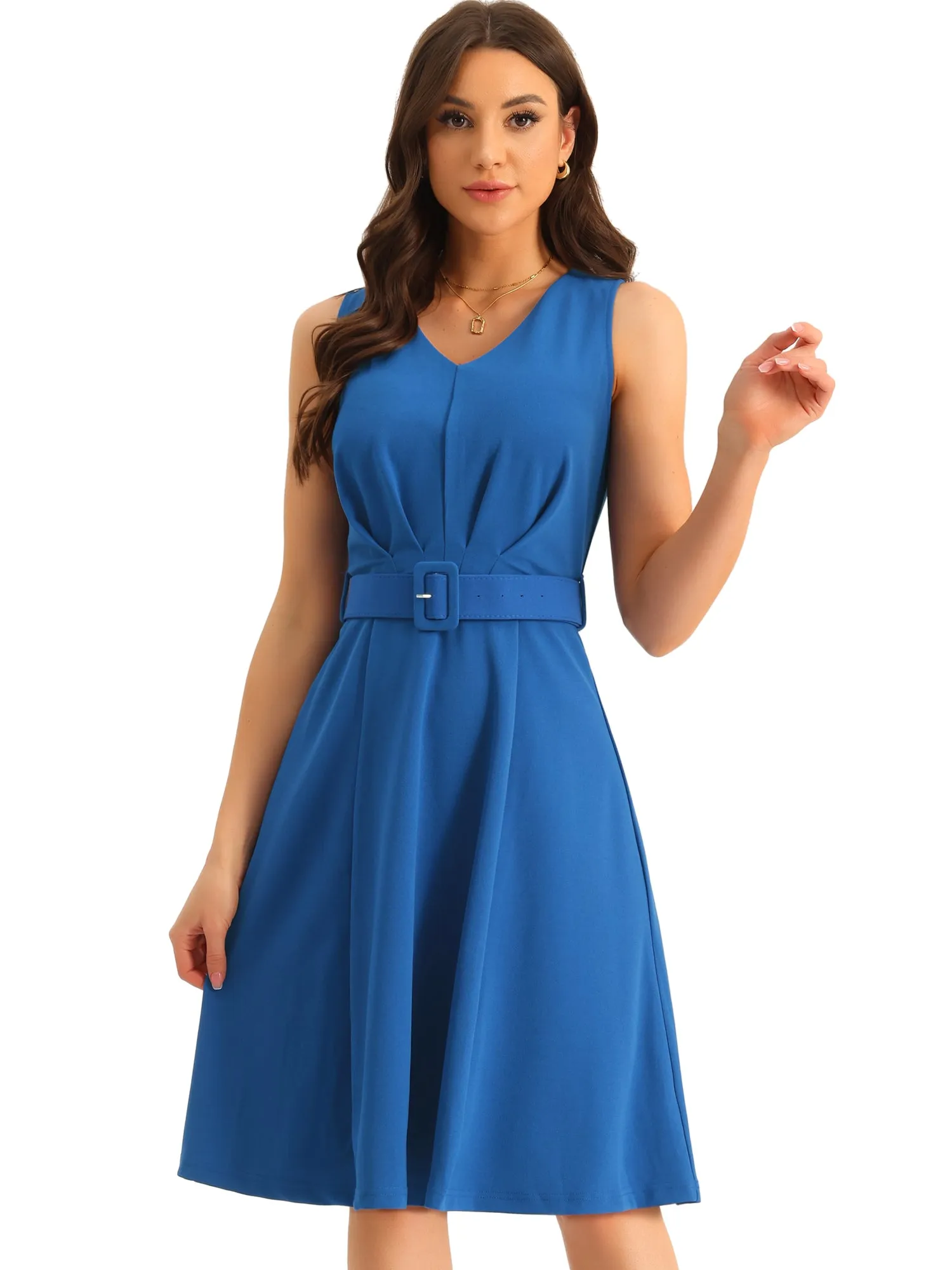 Sleeveless Work V-Neck Below Knee Length Belted A-Line Dress sold by Allegra K product image thumbnail 4