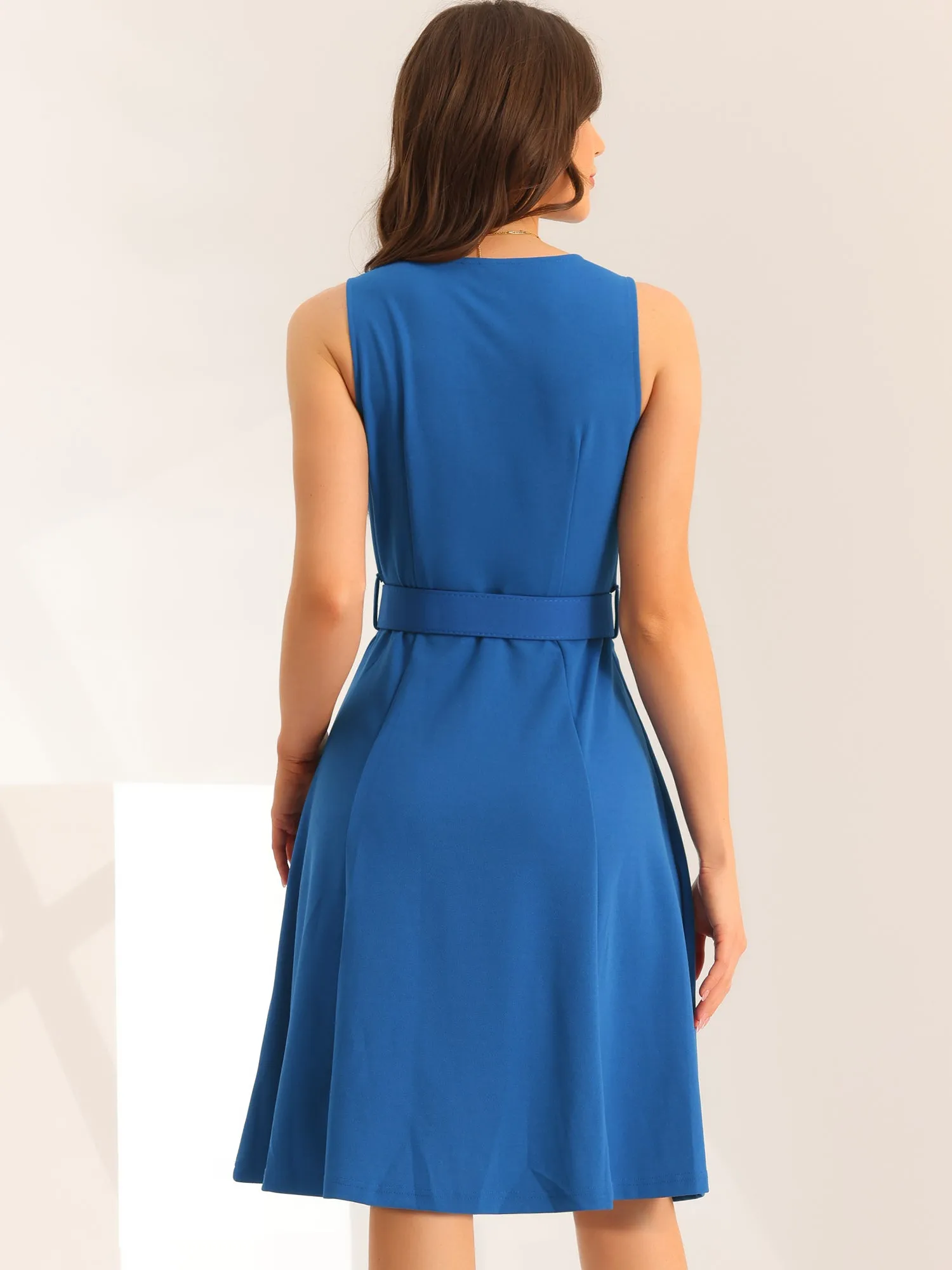 Sleeveless Work V-Neck Below Knee Length Belted A-Line Dress | Parallel