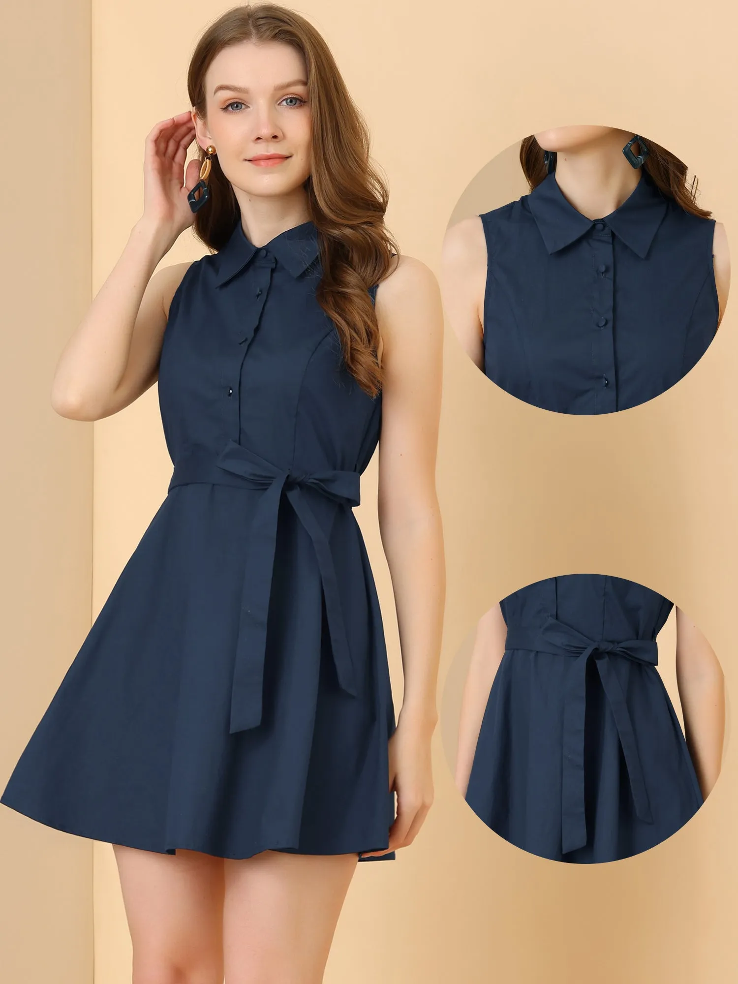 Sleeveless Point Collar Button Front Belted Summer Dress sold by Allegra K product image thumbnail 2