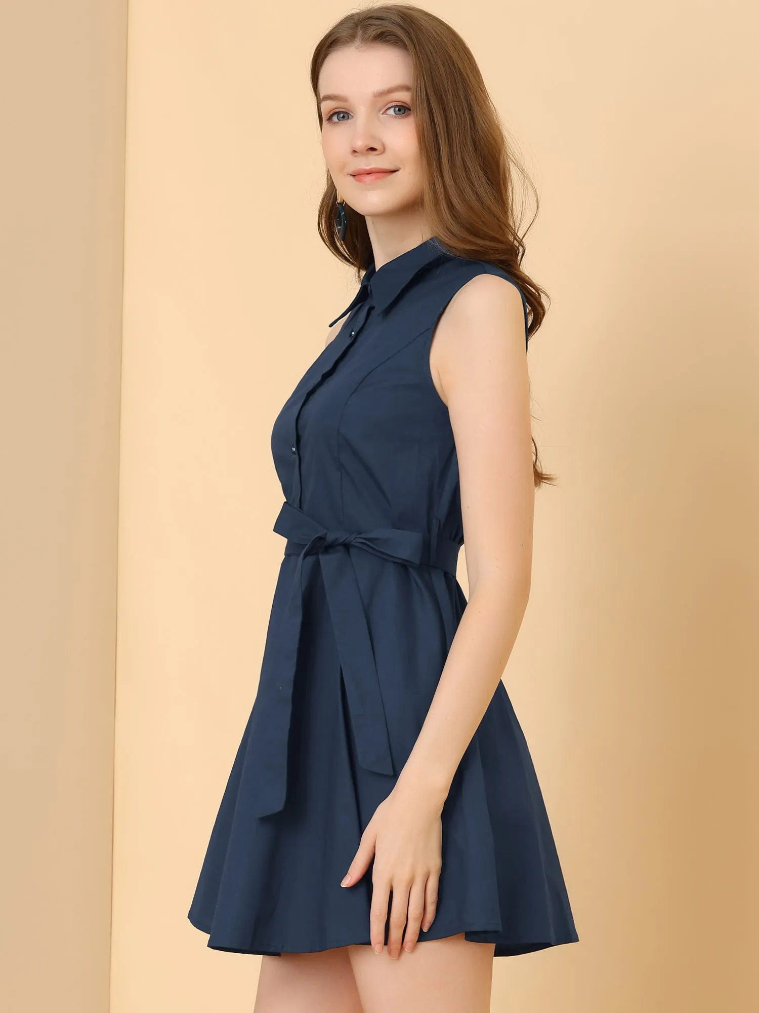 Sleeveless Point Collar Button Front Belted Summer Dress sold by Allegra K product image thumbnail 5