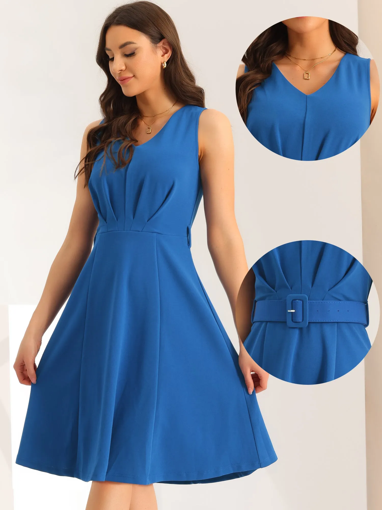 Sleeveless Work V-Neck Below Knee Length Belted A-Line Dress sold by Allegra K product image thumbnail 2