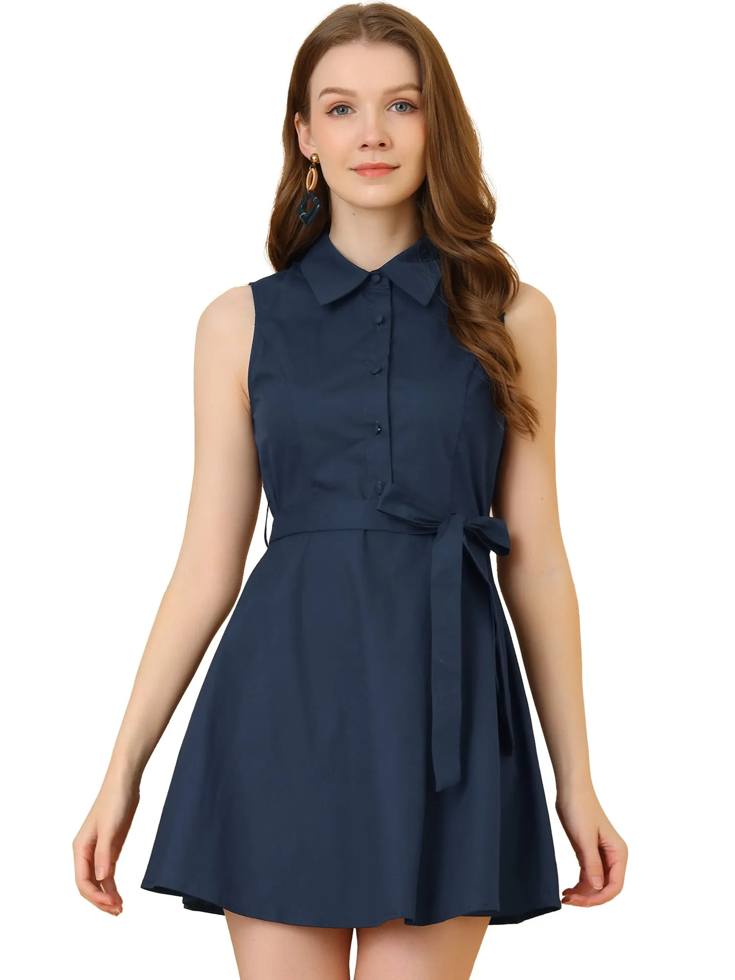 Sleeveless Point Collar Button Front Belted Summer Dress sold by Allegra K