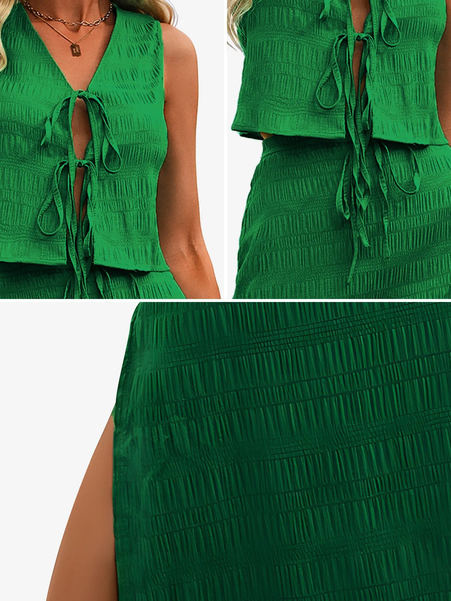 2 Pieces Sleeveless Lace-up Textured Cropped Top and Maxi Slit Skirt Set sold by Allegra K product image thumbnail 5