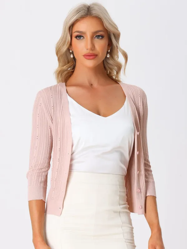 Women's V Neck Button Down 3/4 Sleeve Lightweight Solid Knit Cardigan Sweater sold by Allegra K