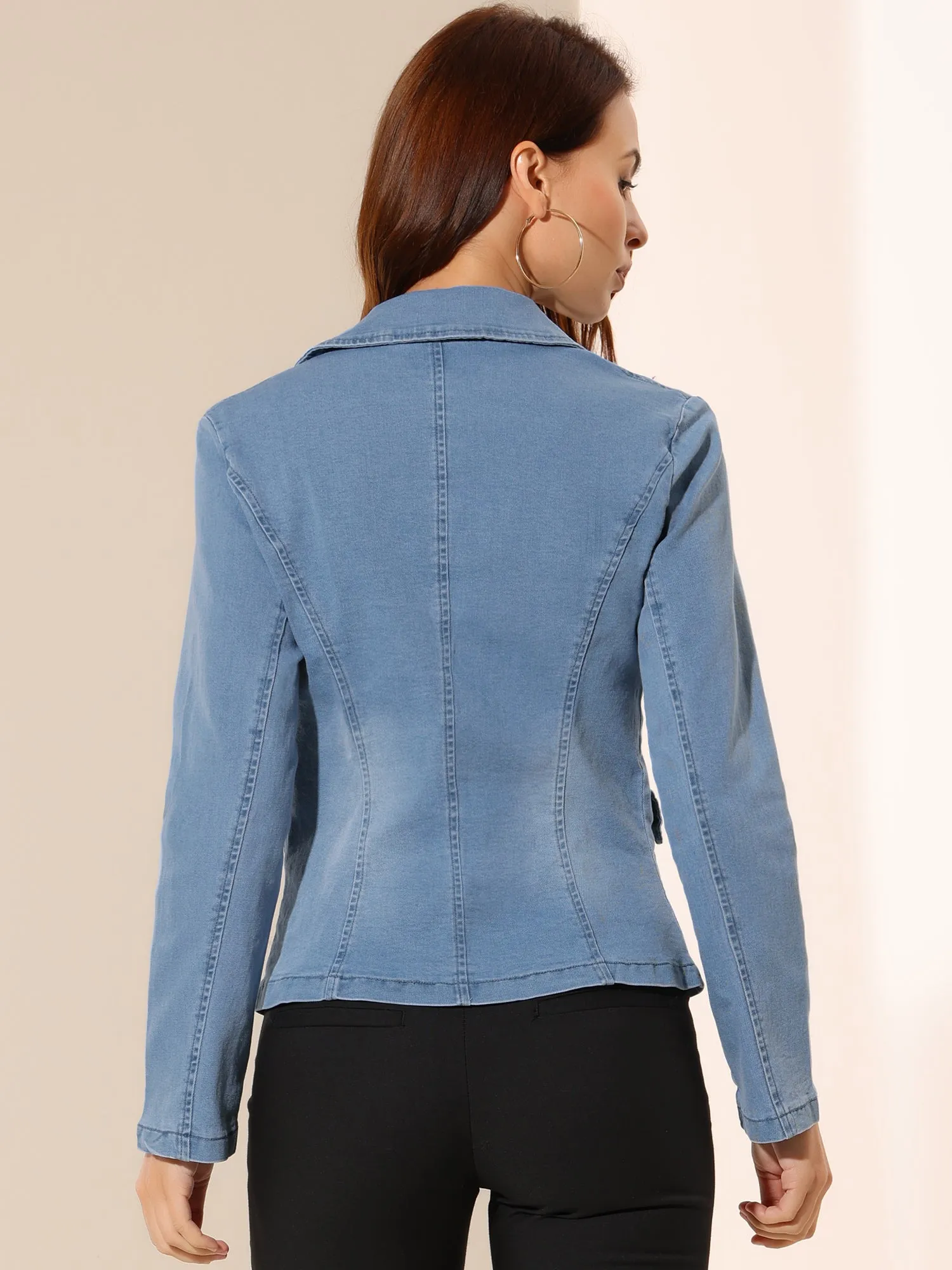 Notched Lapel One Button Long Sleeve Business Washed Denim Blazer sold by Allegra K product image thumbnail 4