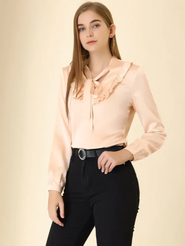 Tie Neck Top Ruffled Long Sleeve Work Office Satin Blouse sold by Allegra K
