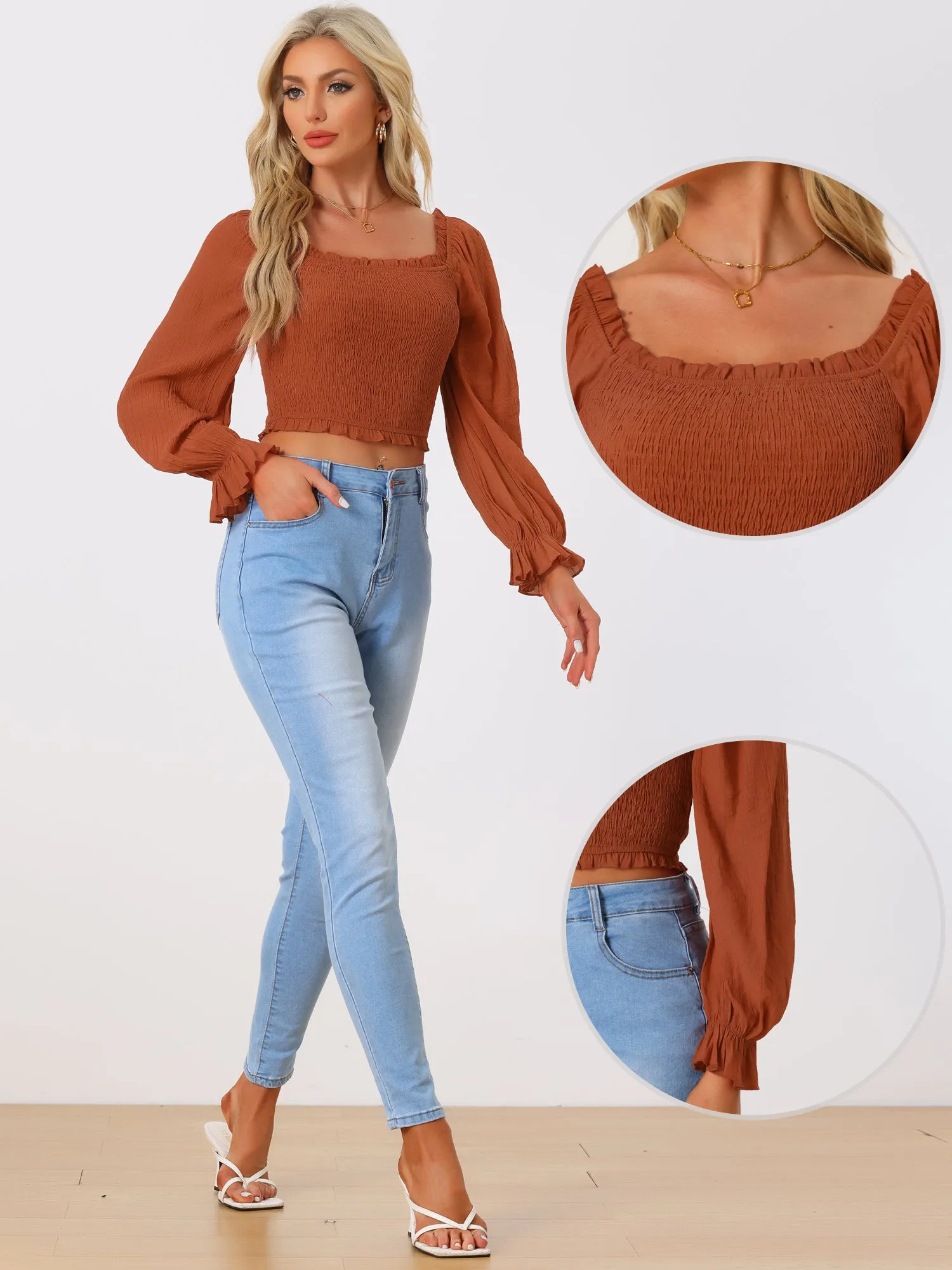 Smocked Long Puff Sleeves Ruffle Square Neck Cropped Blouse sold by Allegra K product image thumbnail 2