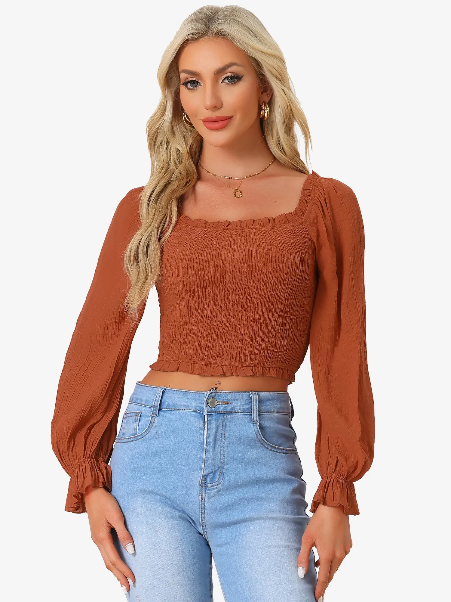 Smocked Long Puff Sleeves Ruffle Square Neck Cropped Blouse sold by Allegra K