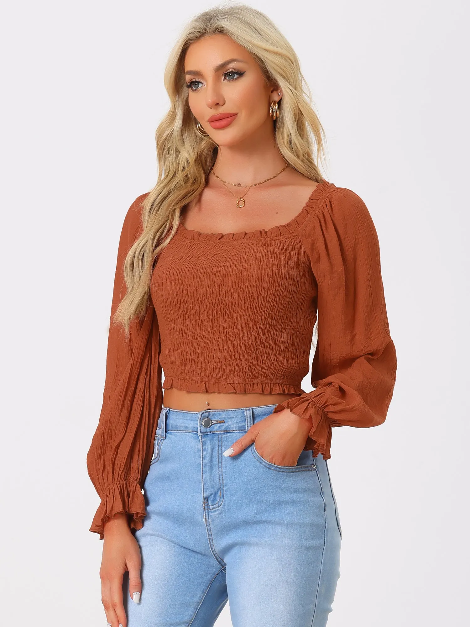 Smocked Long Puff Sleeves Ruffle Square Neck Cropped Blouse sold by Allegra K product image thumbnail 4