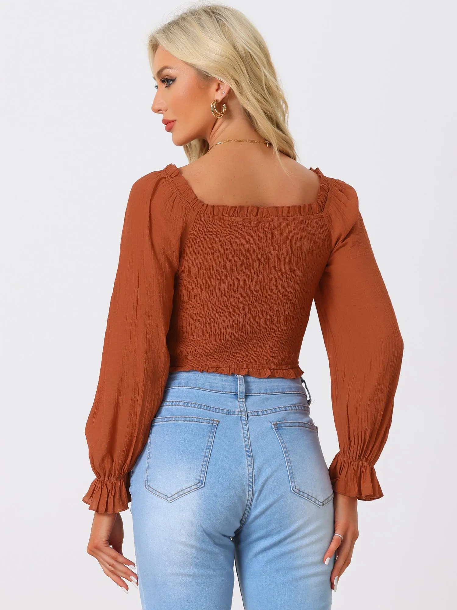 Smocked Long Puff Sleeves Ruffle Square Neck Cropped Blouse sold by Allegra K product image thumbnail 3