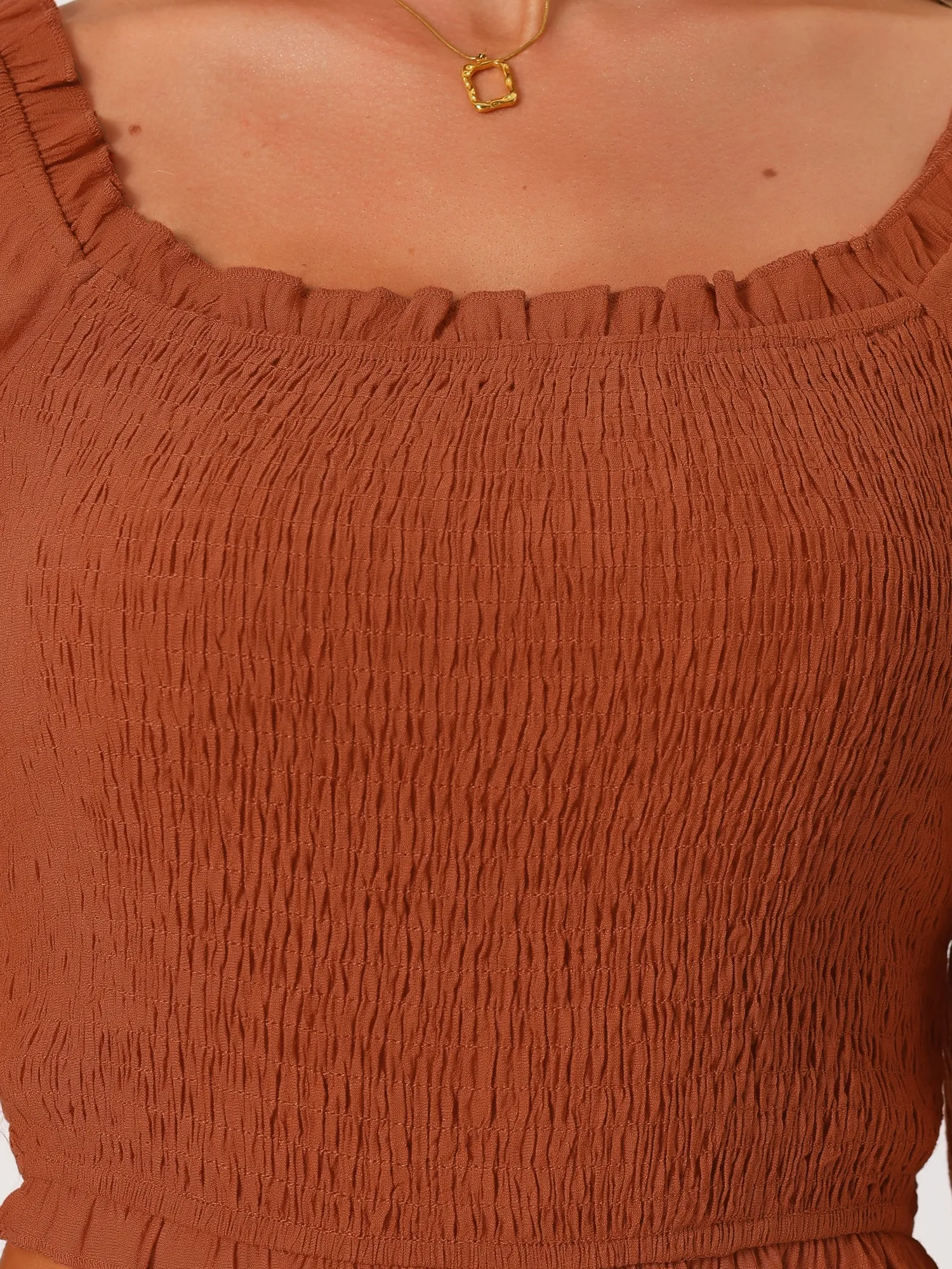 Smocked Long Puff Sleeves Ruffle Square Neck Cropped Blouse sold by Allegra K product image thumbnail 5