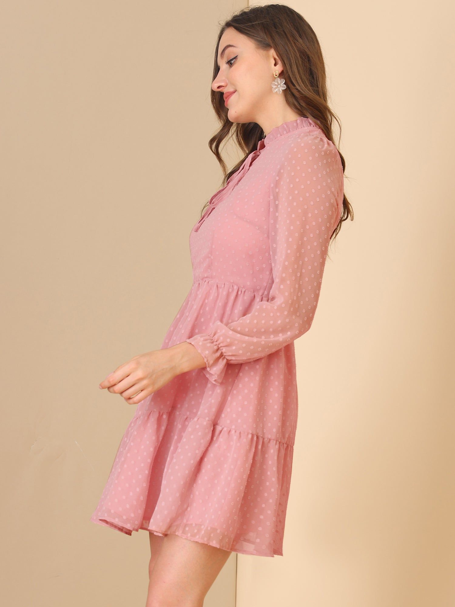 Ruffle Tie Neck Swing Tiered Babydoll Swiss Dots Dress sold by Allegra K product image thumbnail 3