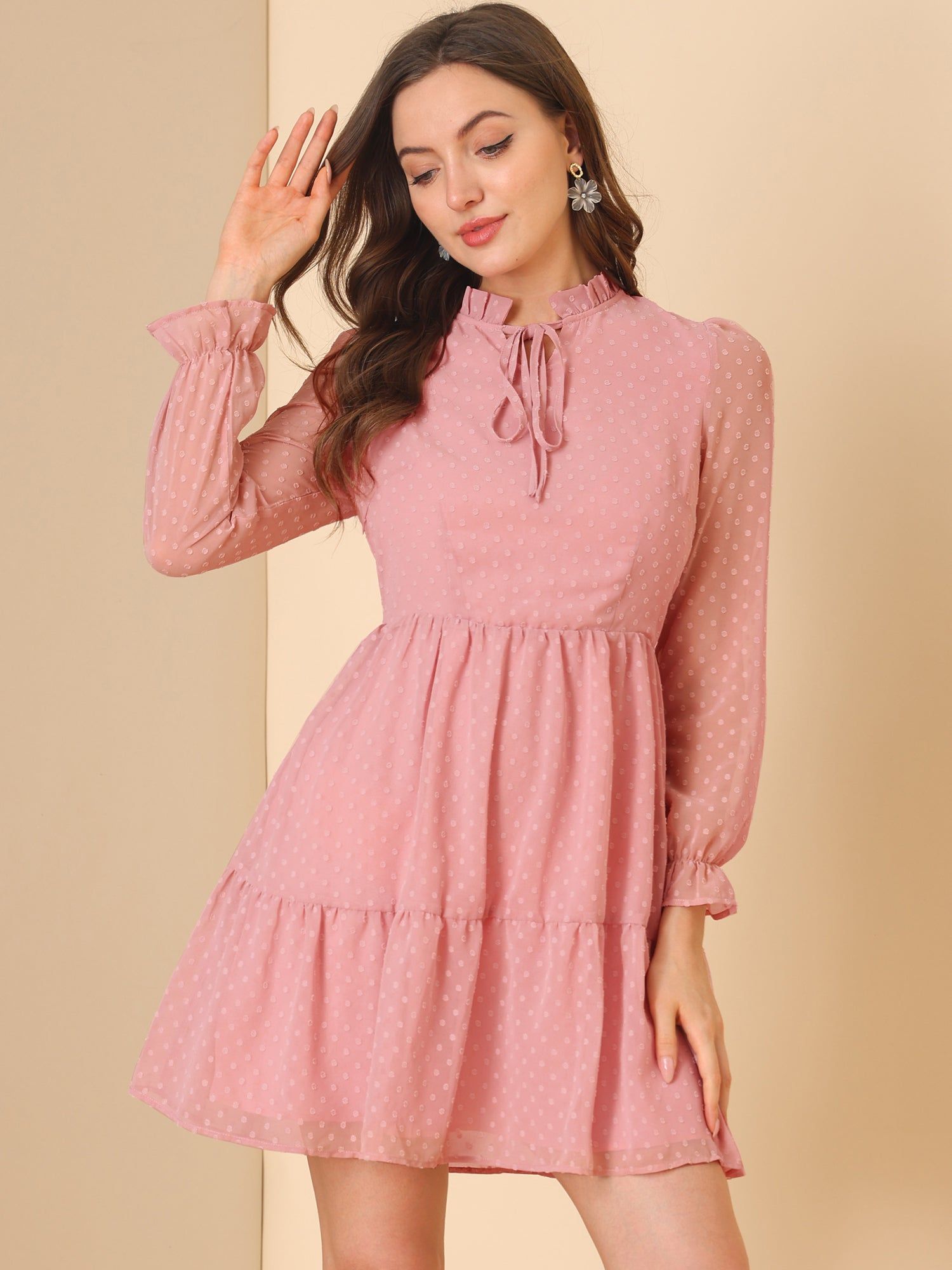 Ruffle Tie Neck Swing Tiered Babydoll Swiss Dots Dress sold by Allegra K product image thumbnail 2