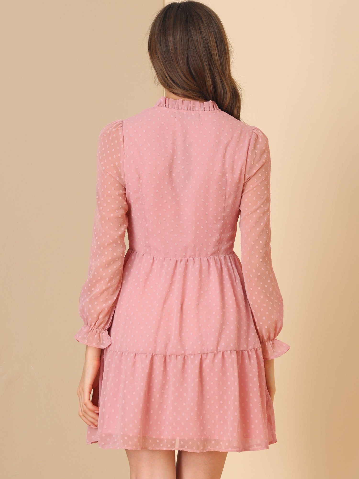 Ruffle Tie Neck Swing Tiered Babydoll Swiss Dots Dress sold by Allegra K product image thumbnail 4