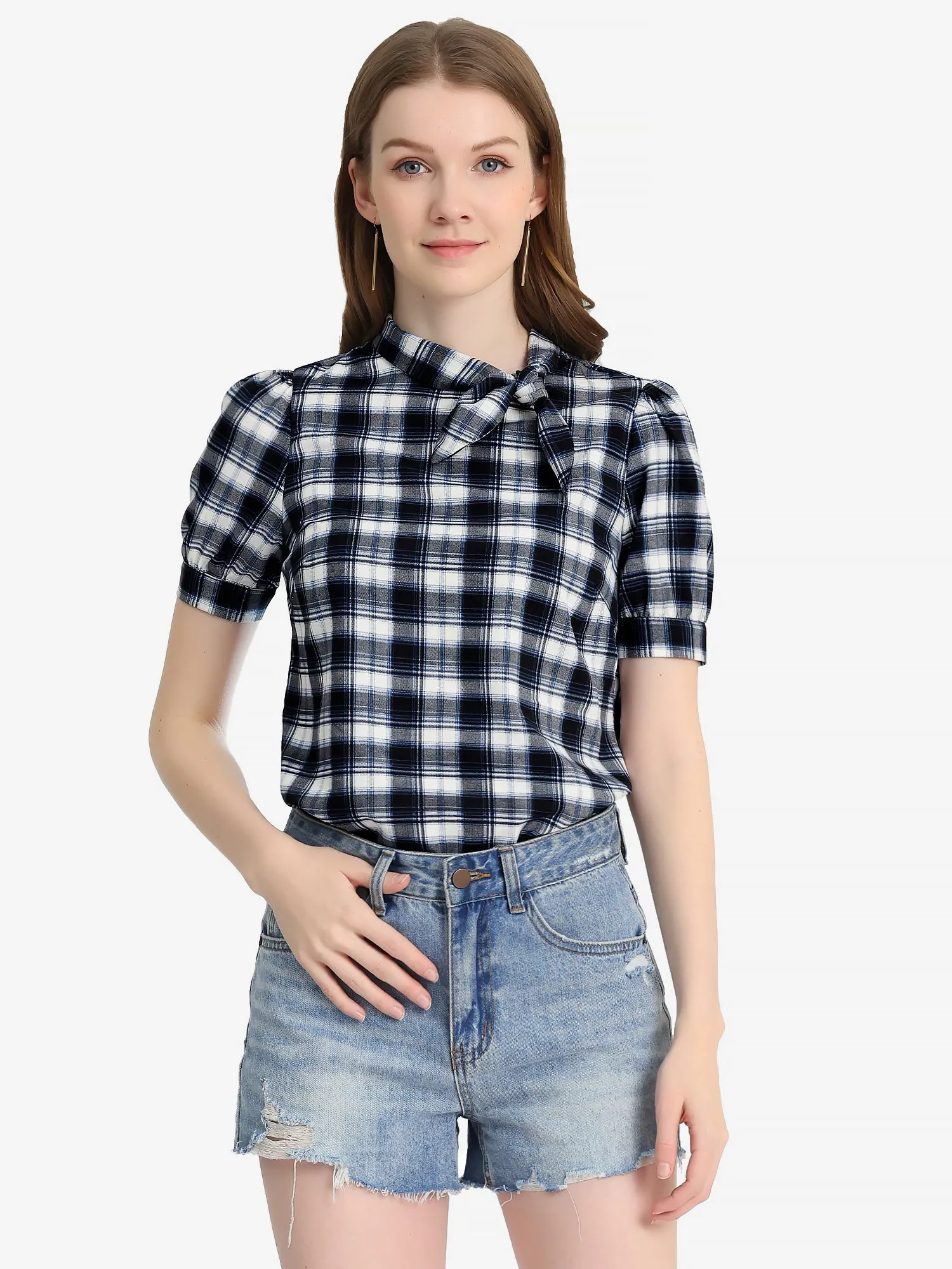 Work Top Summer Tie Neck Short Sleeve Chiffon Pullover Plaid Blouse sold by Allegra K