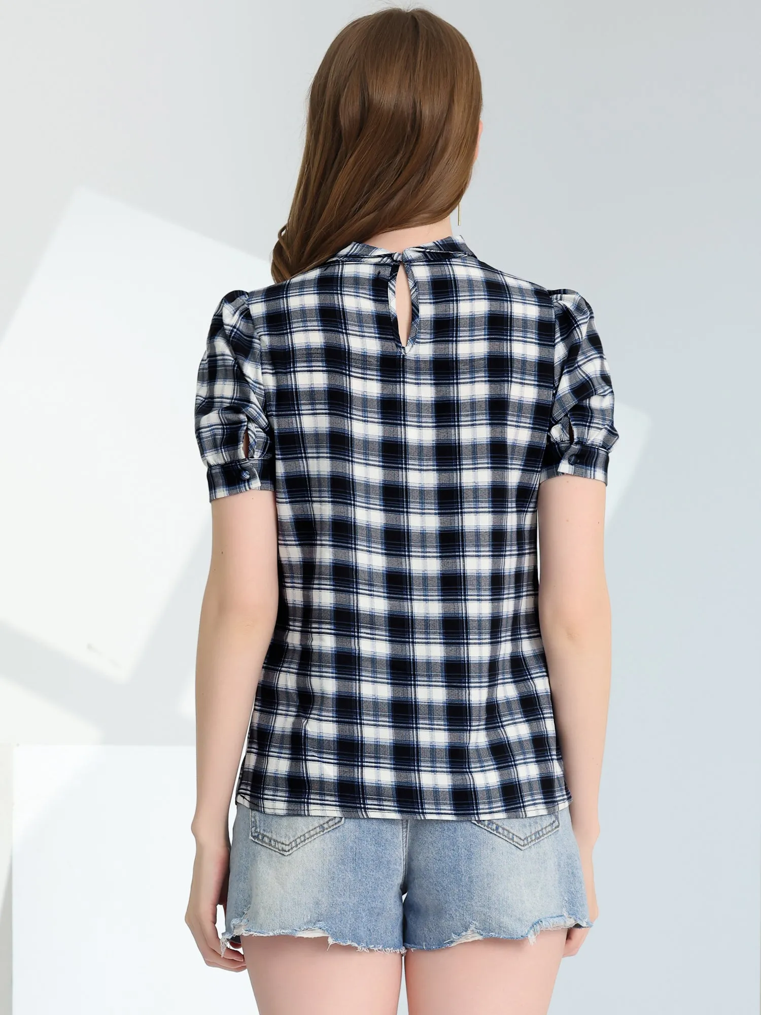 Work Top Summer Tie Neck Short Sleeve Chiffon Pullover Plaid Blouse sold by Allegra K product image thumbnail 4