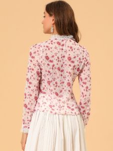 Lace Ruffled Neck Pleat Swiss Dots Floral Chiffon Blouse Top sold by Allegra K