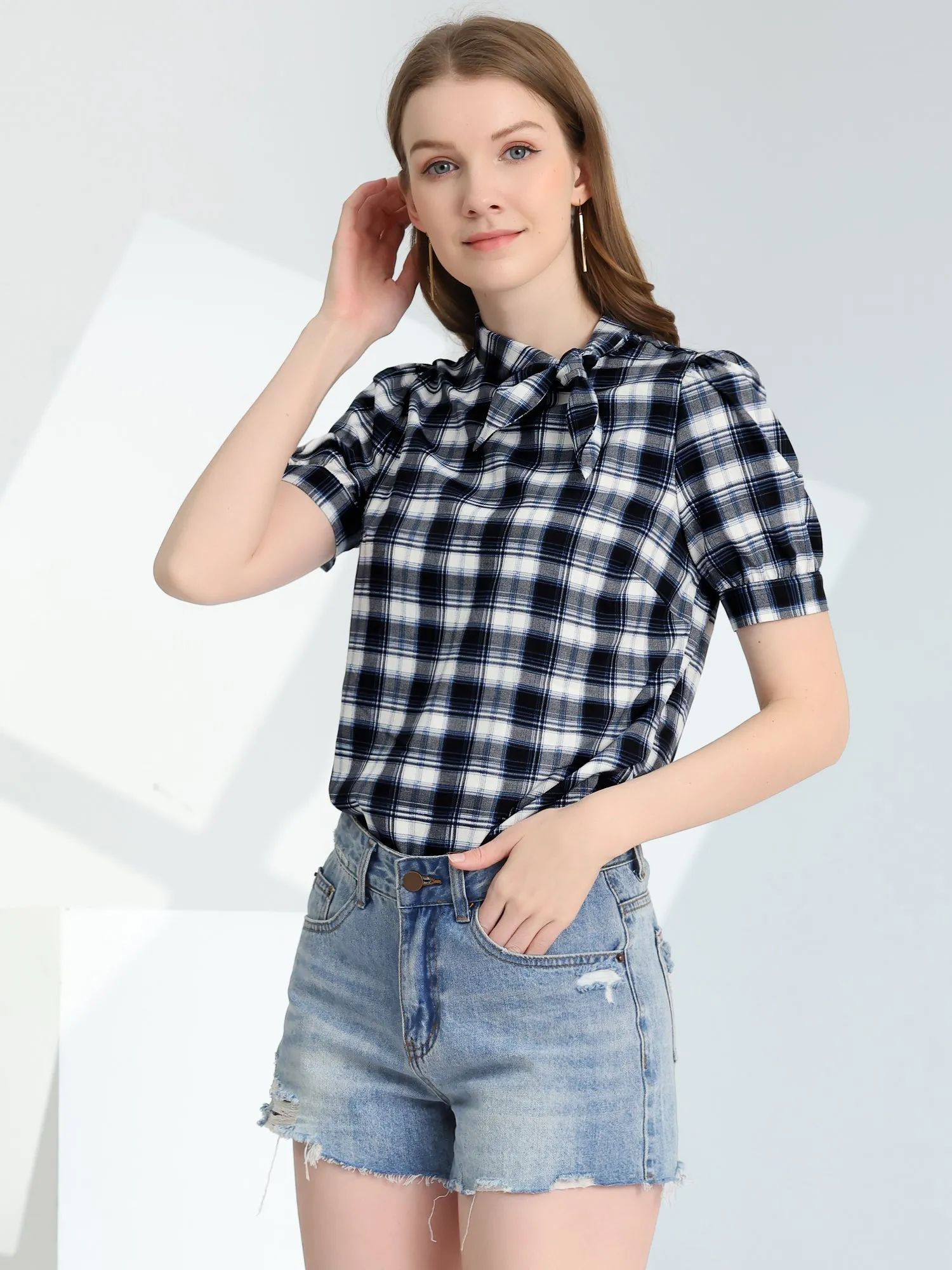 Work Top Summer Tie Neck Short Sleeve Chiffon Pullover Plaid Blouse sold by Allegra K product image thumbnail 2