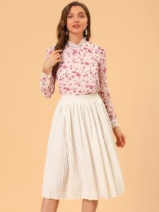 Lace Ruffled Neck Pleat Swiss Dots Floral Chiffon Blouse Top sold by Allegra K
