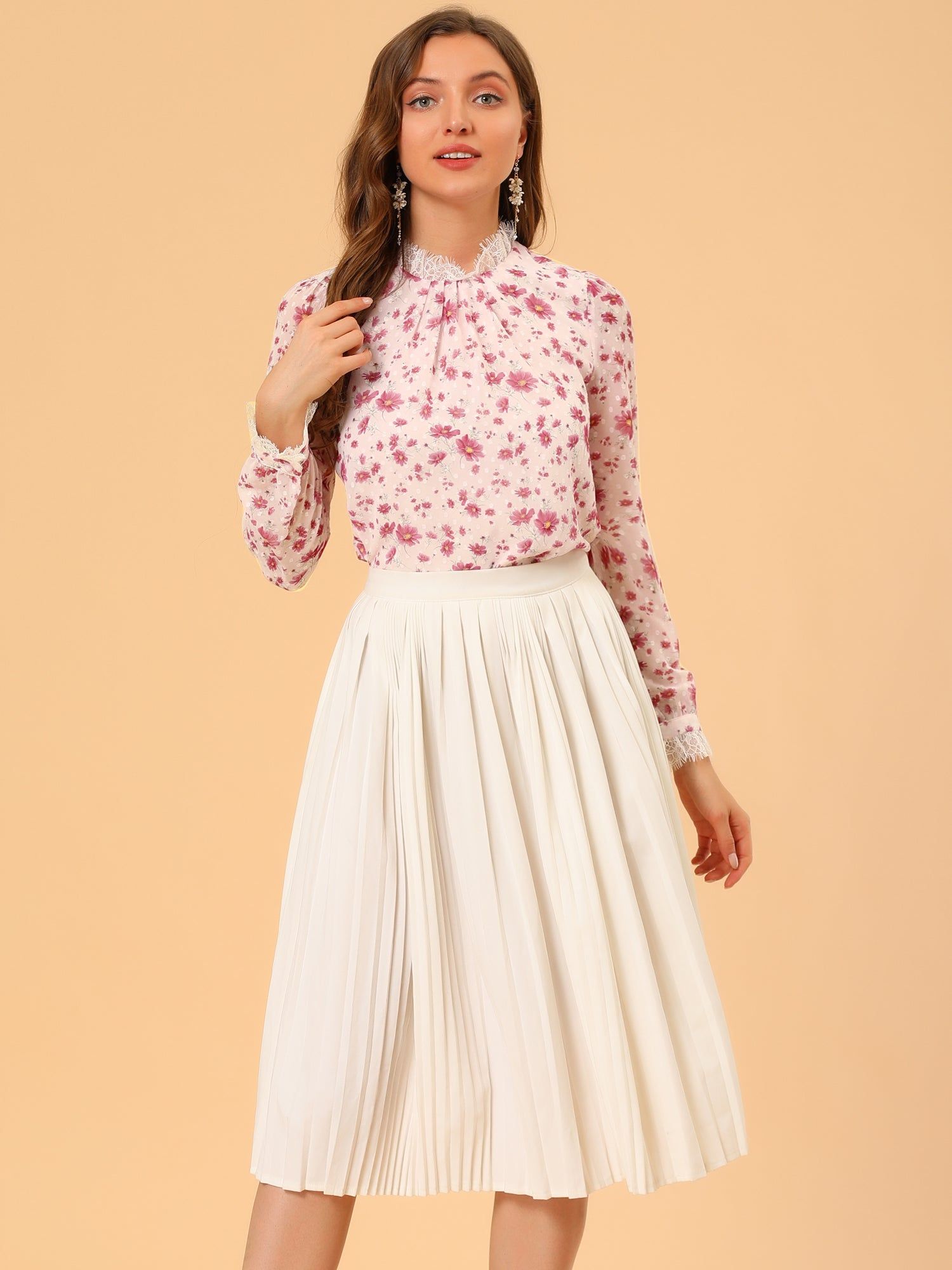 Lace Ruffled Neck Pleat Swiss Dots Floral Chiffon Blouse Top sold by Allegra K product image thumbnail 2