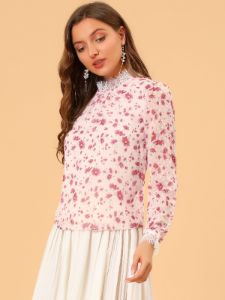 Lace Ruffled Neck Pleat Swiss Dots Floral Chiffon Blouse Top sold by Allegra K