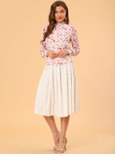 Lace Ruffled Neck Pleat Swiss Dots Floral Chiffon Blouse Top sold by Allegra K